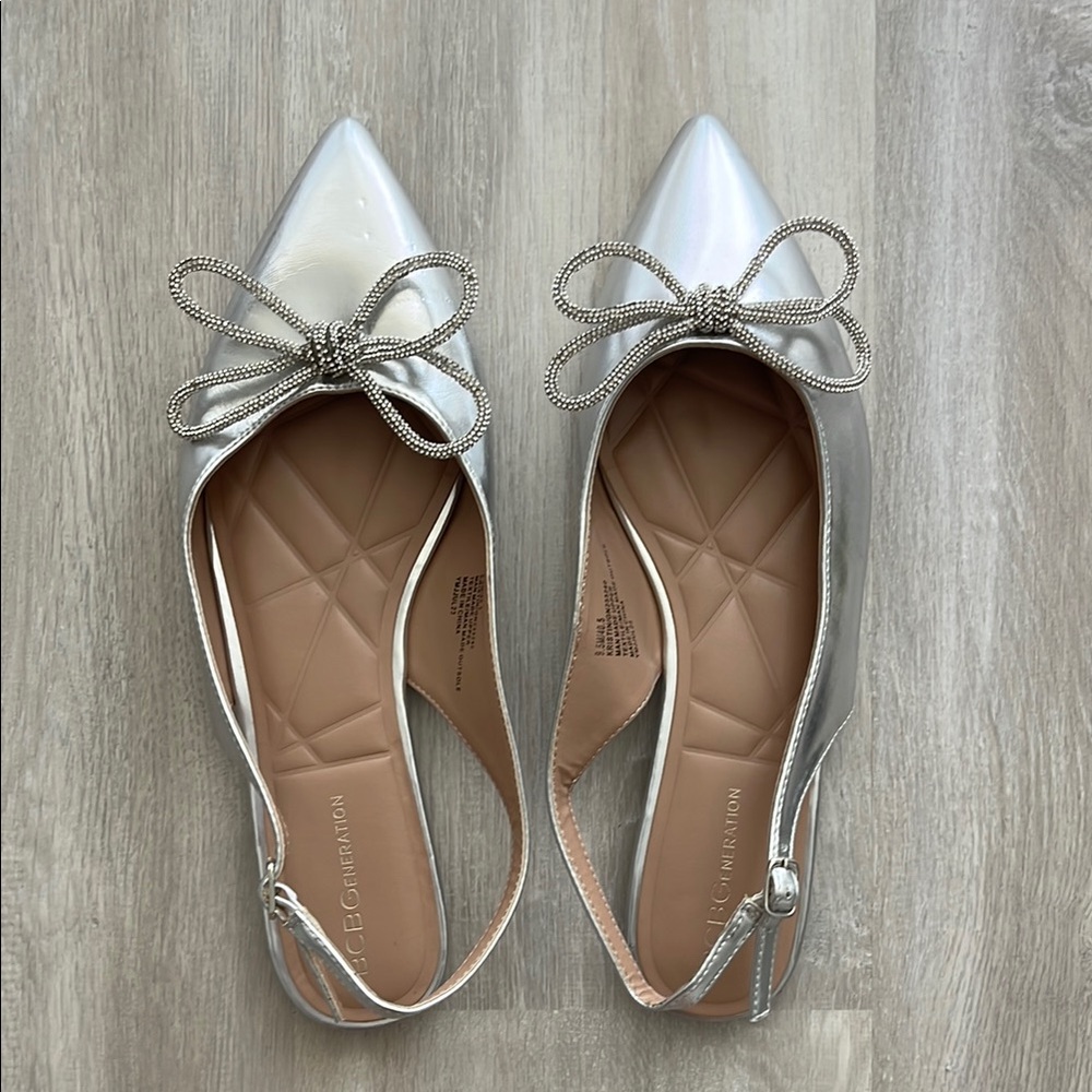 BCBGeneration Silver Ballet Flats with Bow Detail